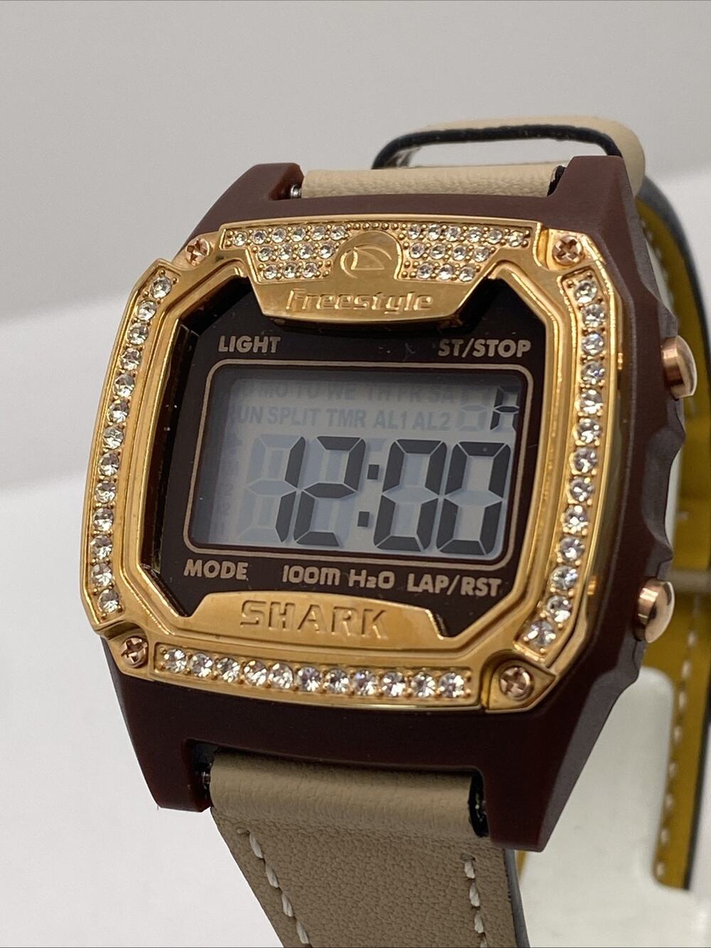 Freestyle Shark Rosegold Rhinestone Tan Leather Band Surfing Watch New Battery